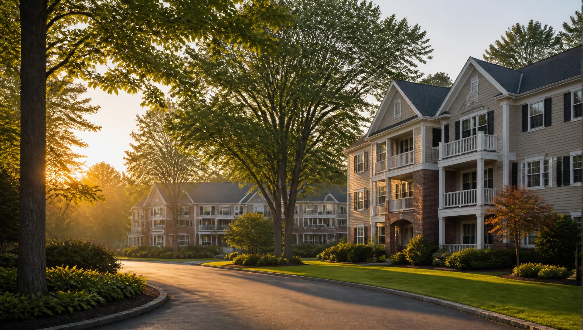 A New England condominium community at golden hour